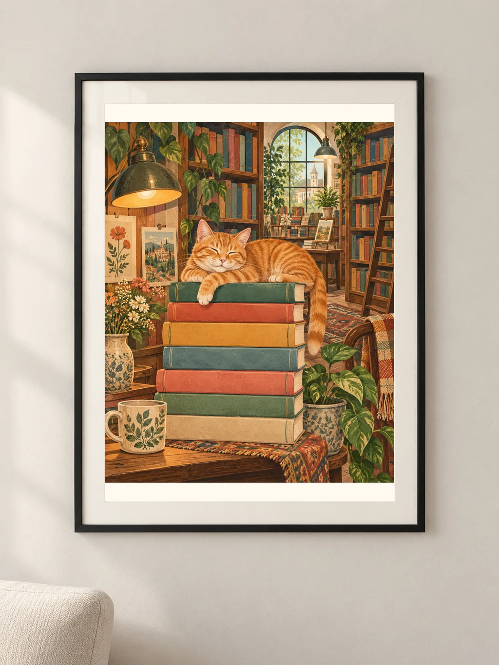חתול בחנות ספרים — תמונה לבית — framed — minimal-room-v3