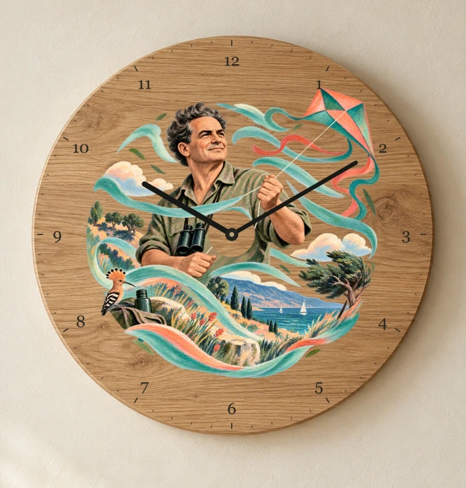 שעון עץ — יגאל אלון מעיף עפיפון — detail — oak-clock-room-v1