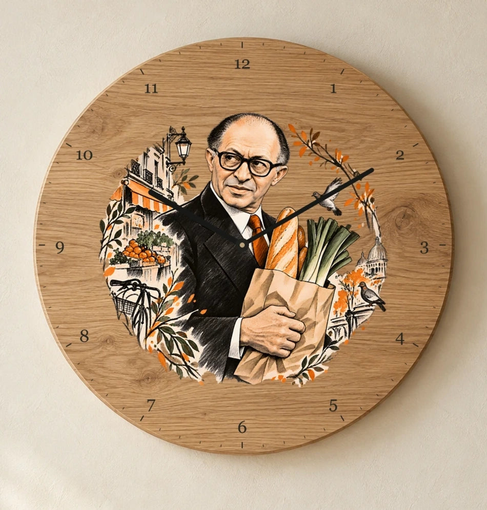 שעון עץ — מנחם בגין עושה קניות — detail — oak-clock-room-v1