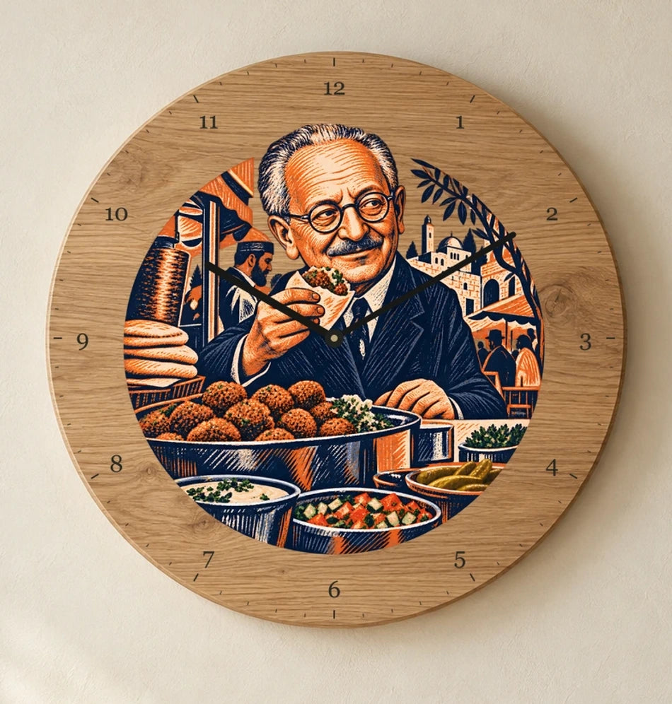 שעון עץ — יצחק בן־צבי בדוכן הפלאפל — detail — oak-clock-room-v1