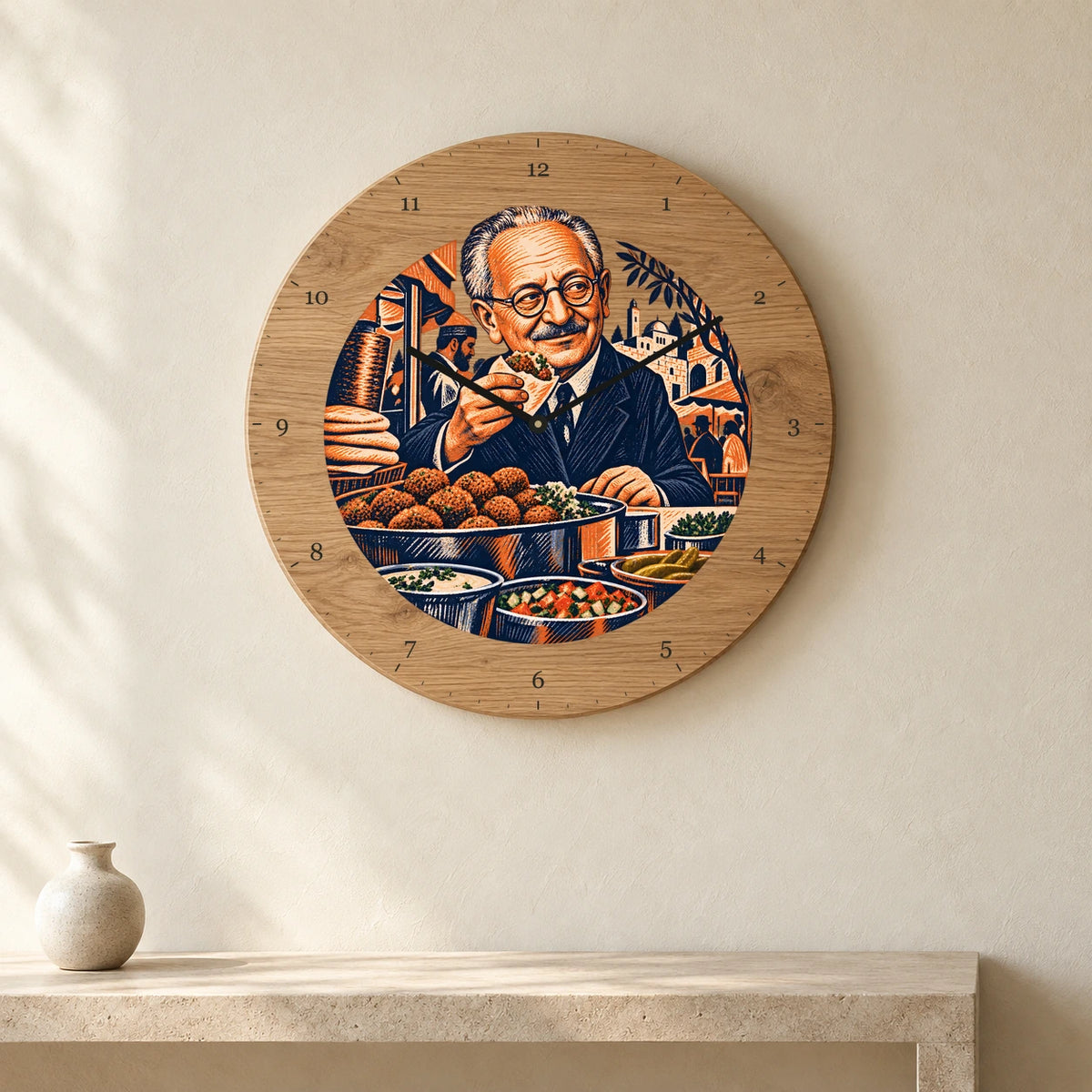 שעון עץ — יצחק בן־צבי בדוכן הפלאפל — room — oak-clock-room-v1