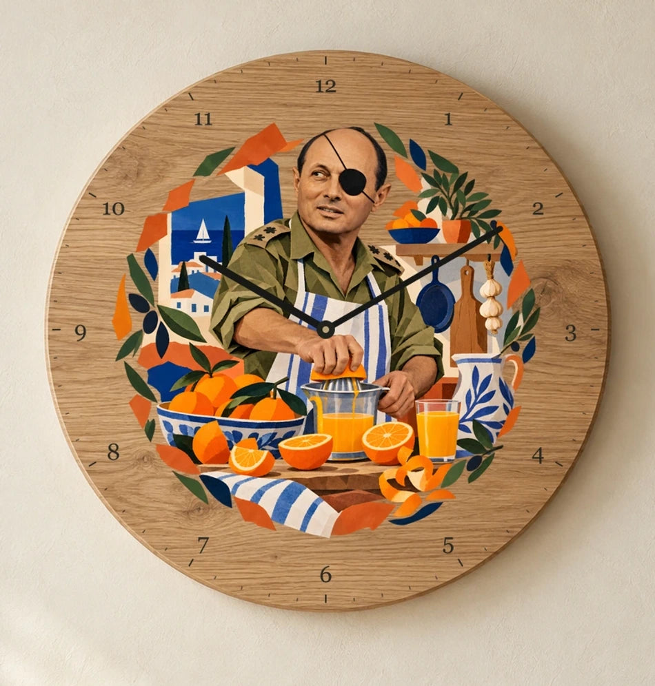 שעון עץ — משה דיין סוחט תפוזים — detail — oak-clock-room-v1