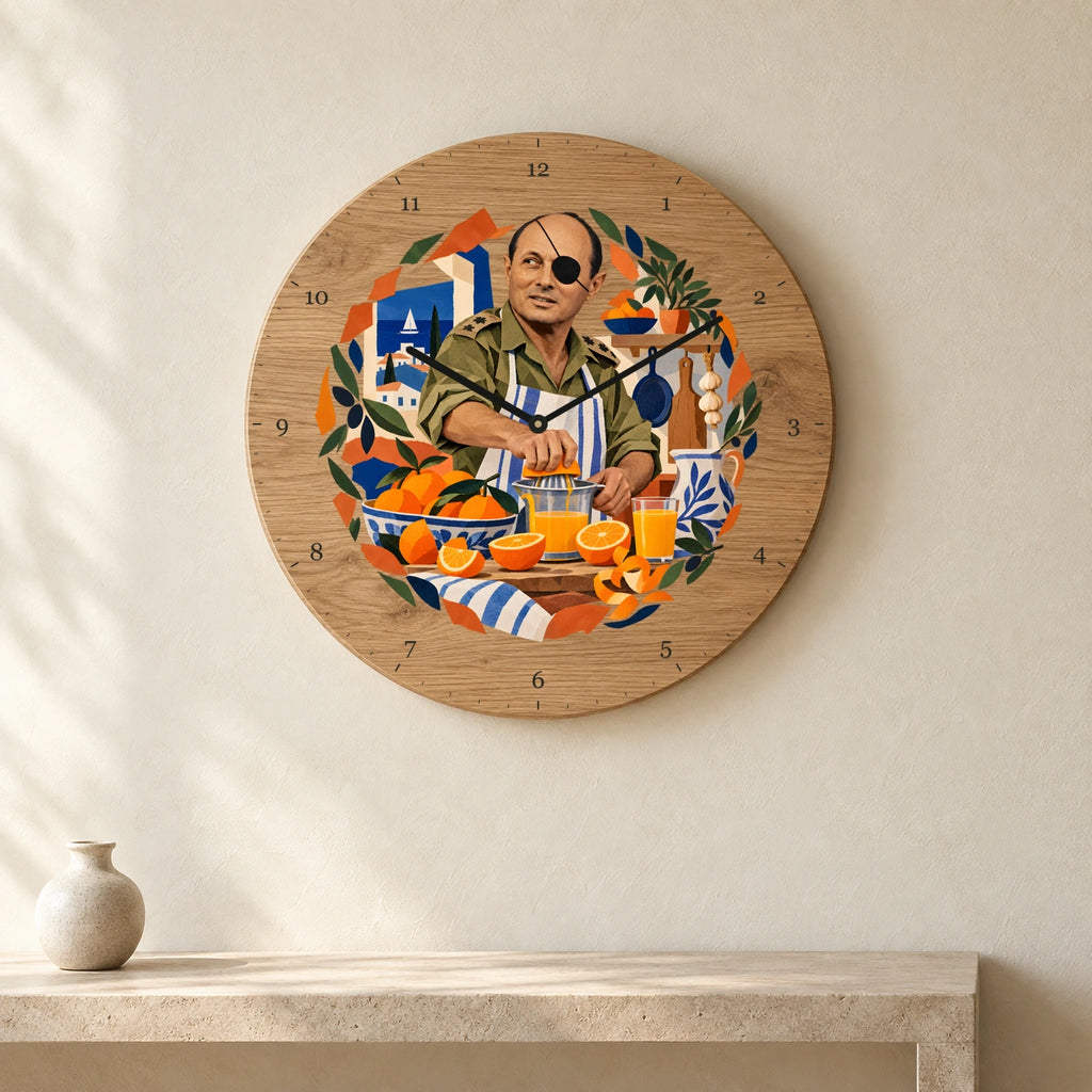 שעון עץ — משה דיין סוחט תפוזים — room — oak-clock-room-v1