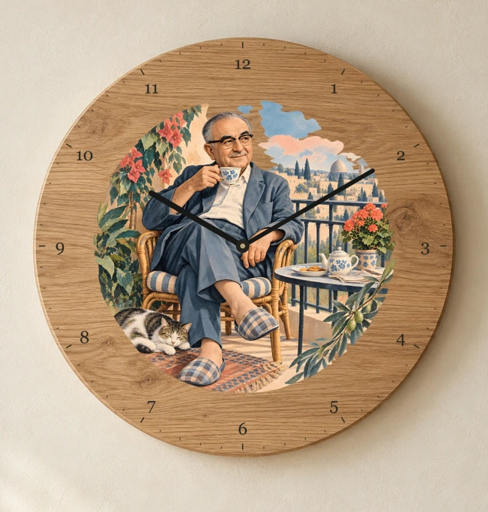 שעון עץ — לוי אשכול במרפסת — detail — oak-clock-room-v1