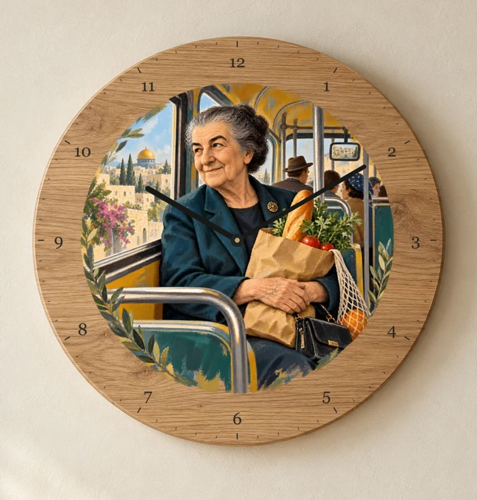 שעון עץ — גולדה מאיר באוטובוס — detail — oak-clock-room-v1