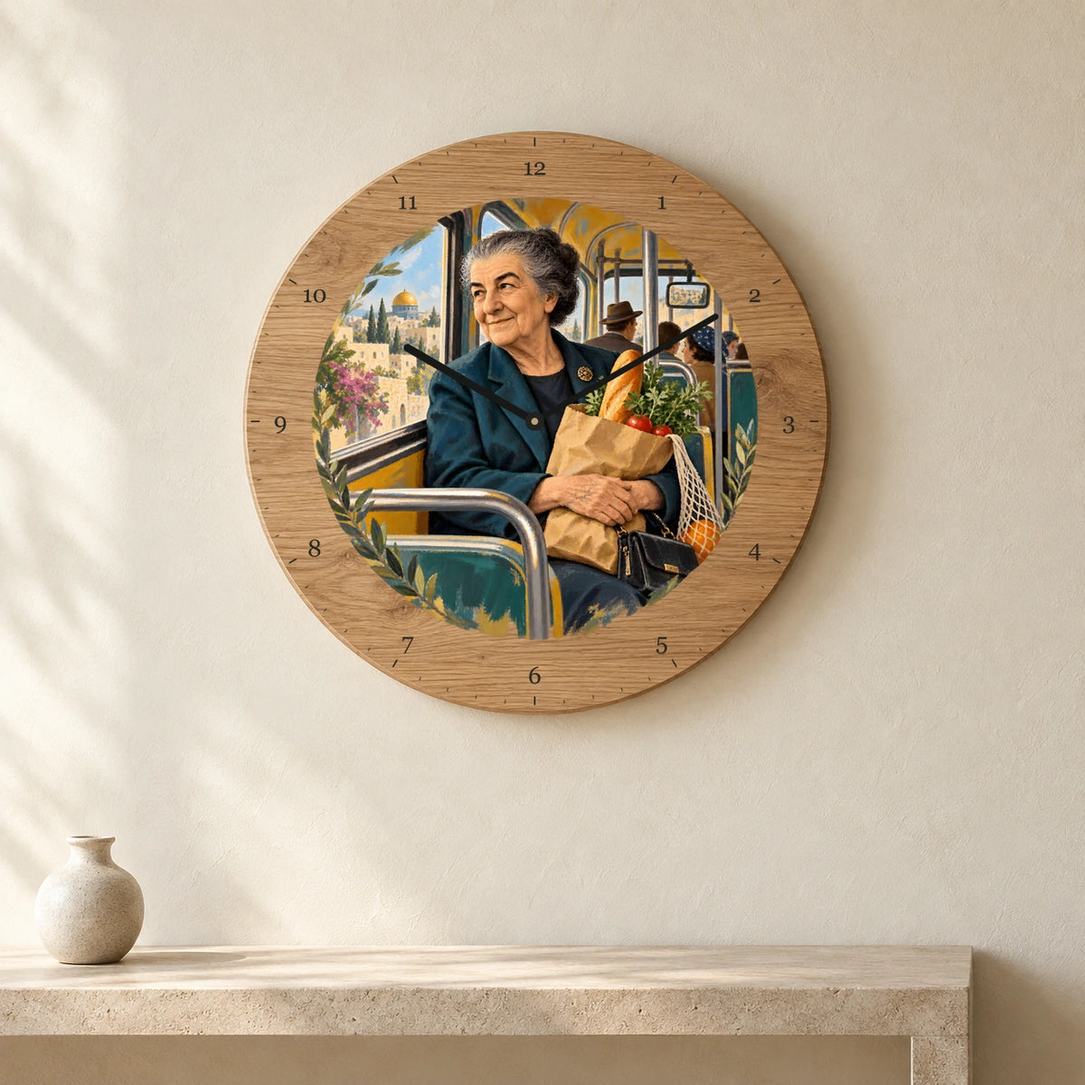 שעון עץ — גולדה מאיר באוטובוס — room — oak-clock-room-v1