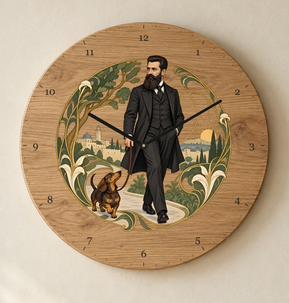 שעון עץ — הרצל בטיול עם הכלב — detail — oak-clock-room-v1