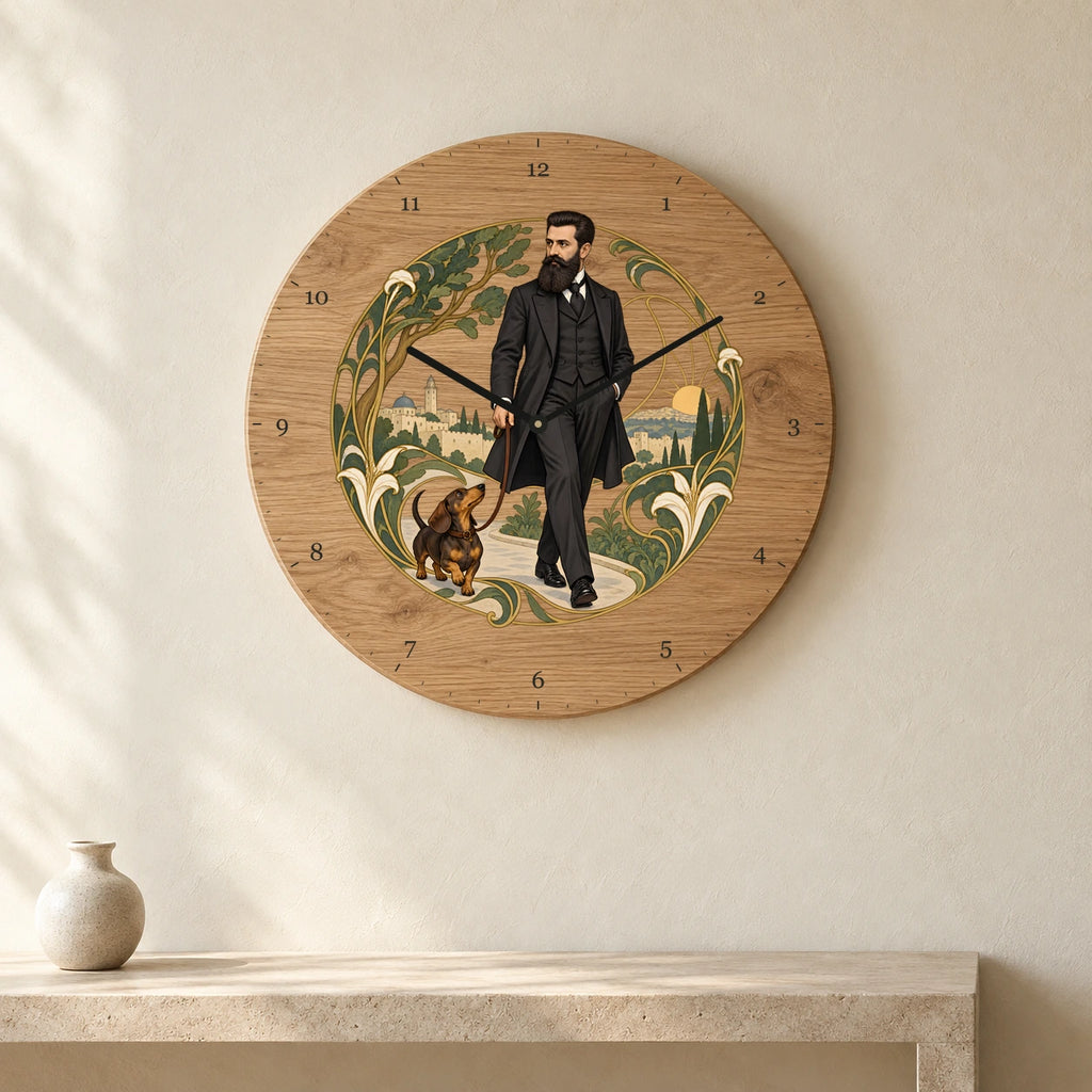 שעון עץ — הרצל בטיול עם הכלב — room — oak-clock-room-v1