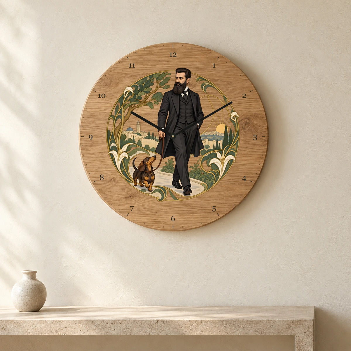 שעון עץ — הרצל בטיול עם הכלב — room — oak-clock-room-v1