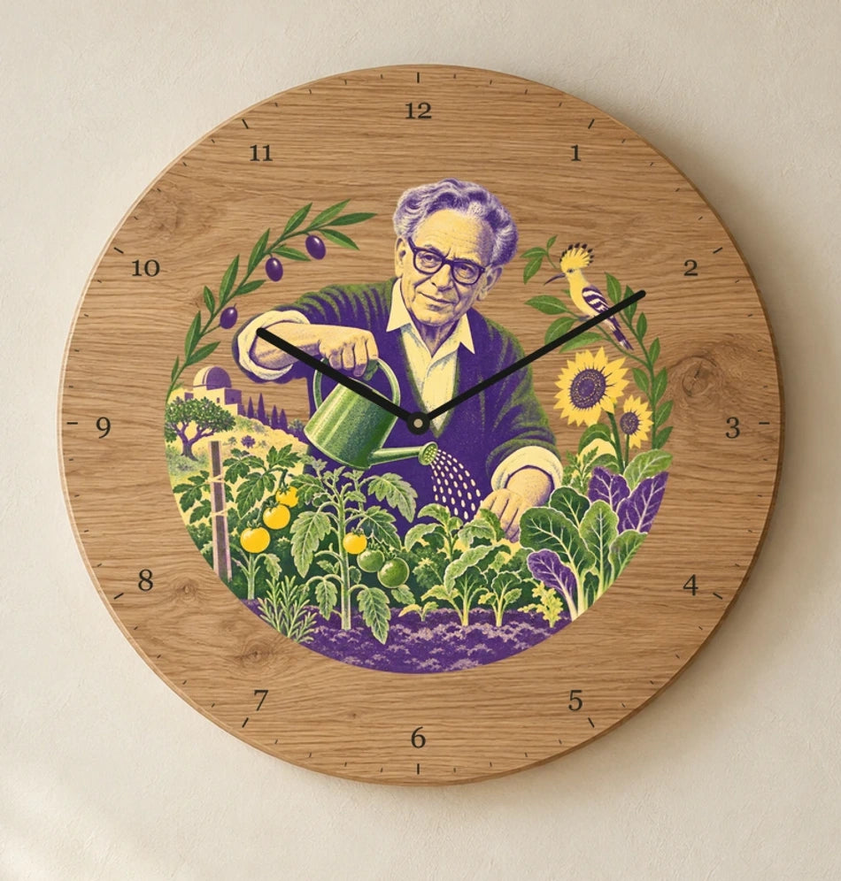 שעון עץ — אפרים קציר בגינה — detail — oak-clock-room-v1