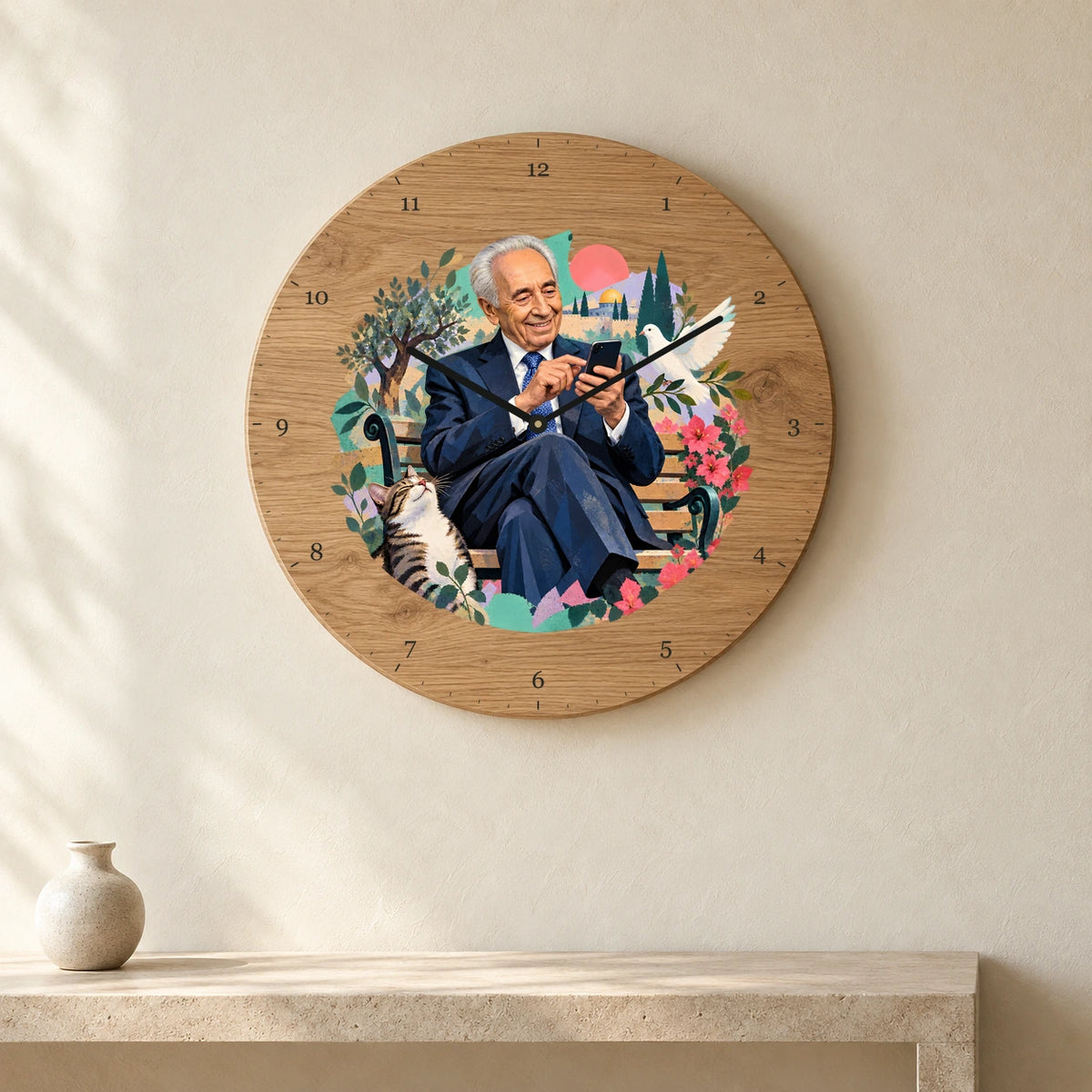שעון עץ — שמעון פרס והטלפון — room — oak-clock-room-v1