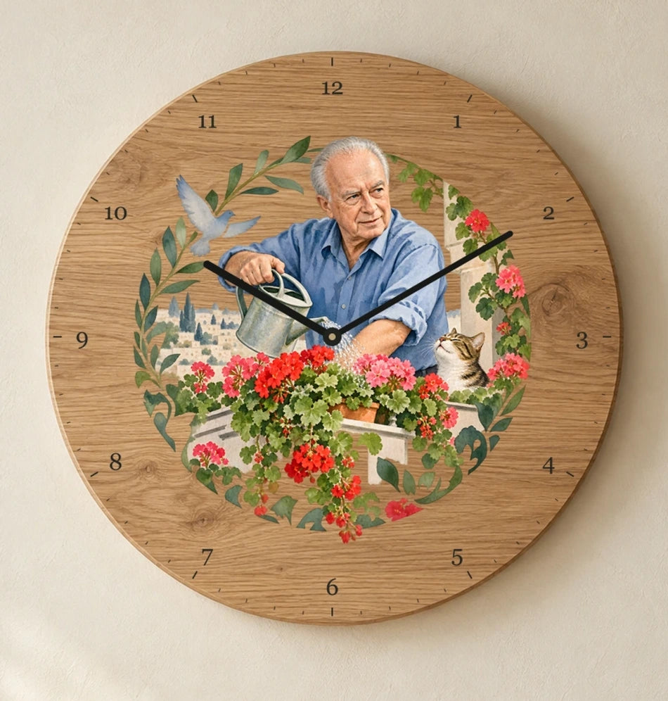 שעון עץ — יצחק רבין משקה עציצים — detail — oak-clock-room-v1
