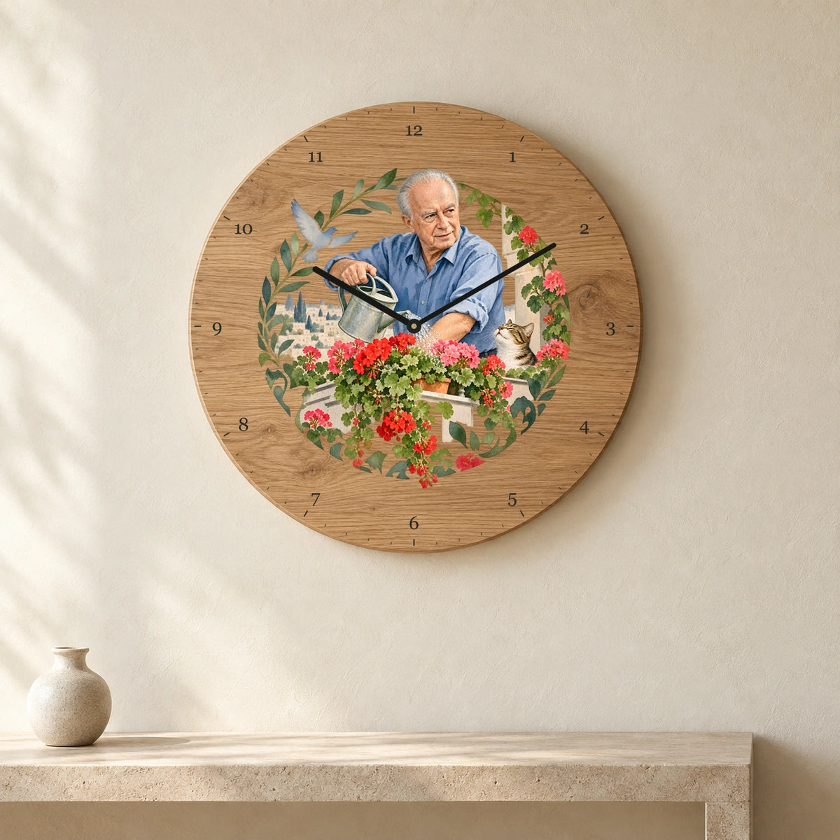 שעון עץ — יצחק רבין משקה עציצים — room — oak-clock-room-v1