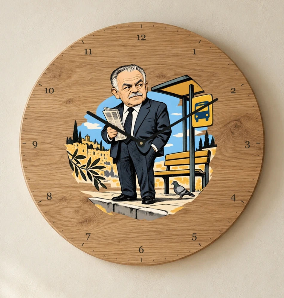 שעון עץ — יצחק שמיר בתחנת האוטובוס — detail — oak-clock-room-v1