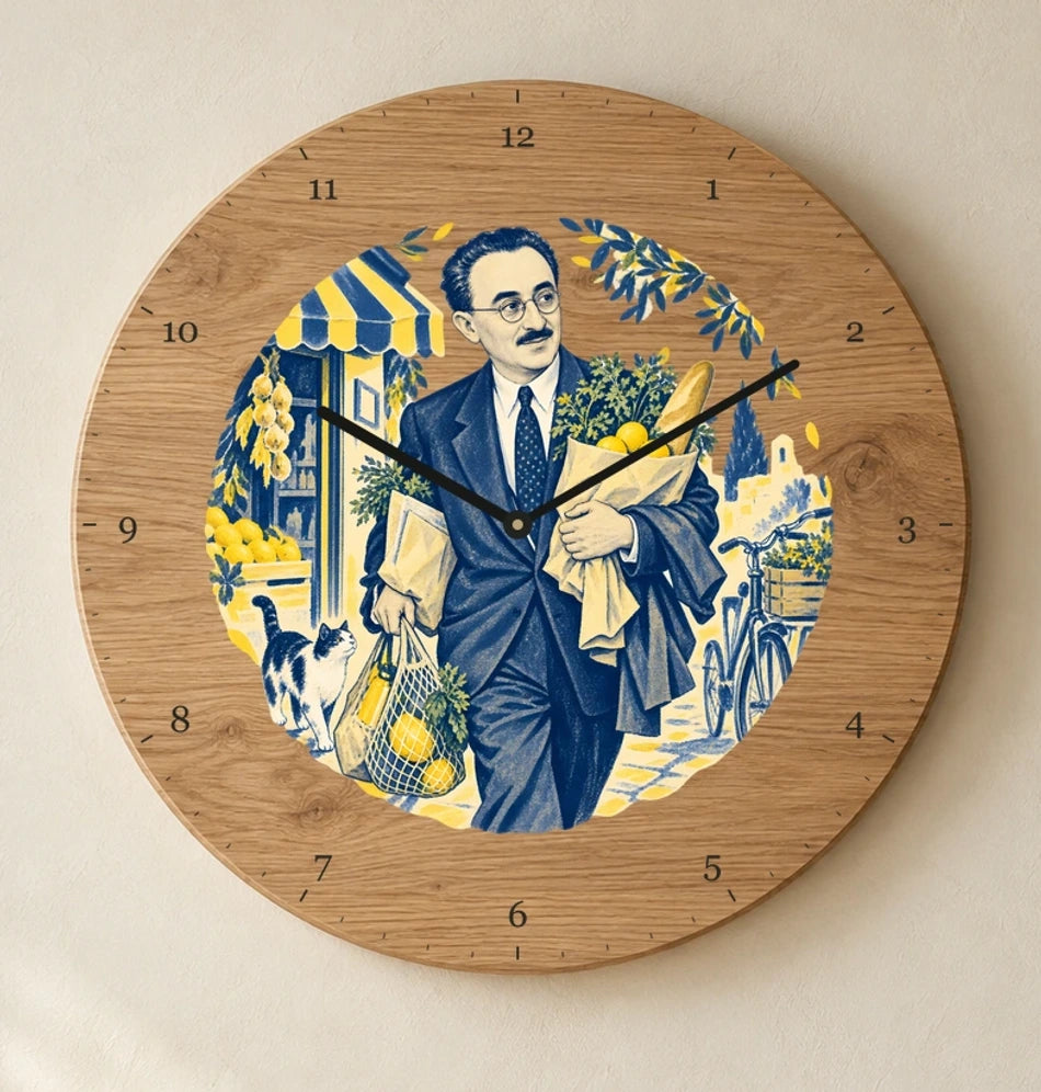 שעון עץ — משה שרת עם סלי הקניות — detail — oak-clock-room-v1