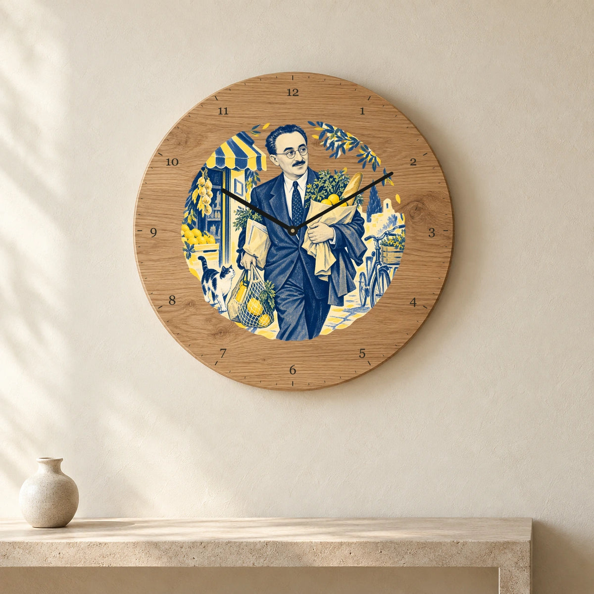 שעון עץ — משה שרת עם סלי הקניות — room — oak-clock-room-v1
