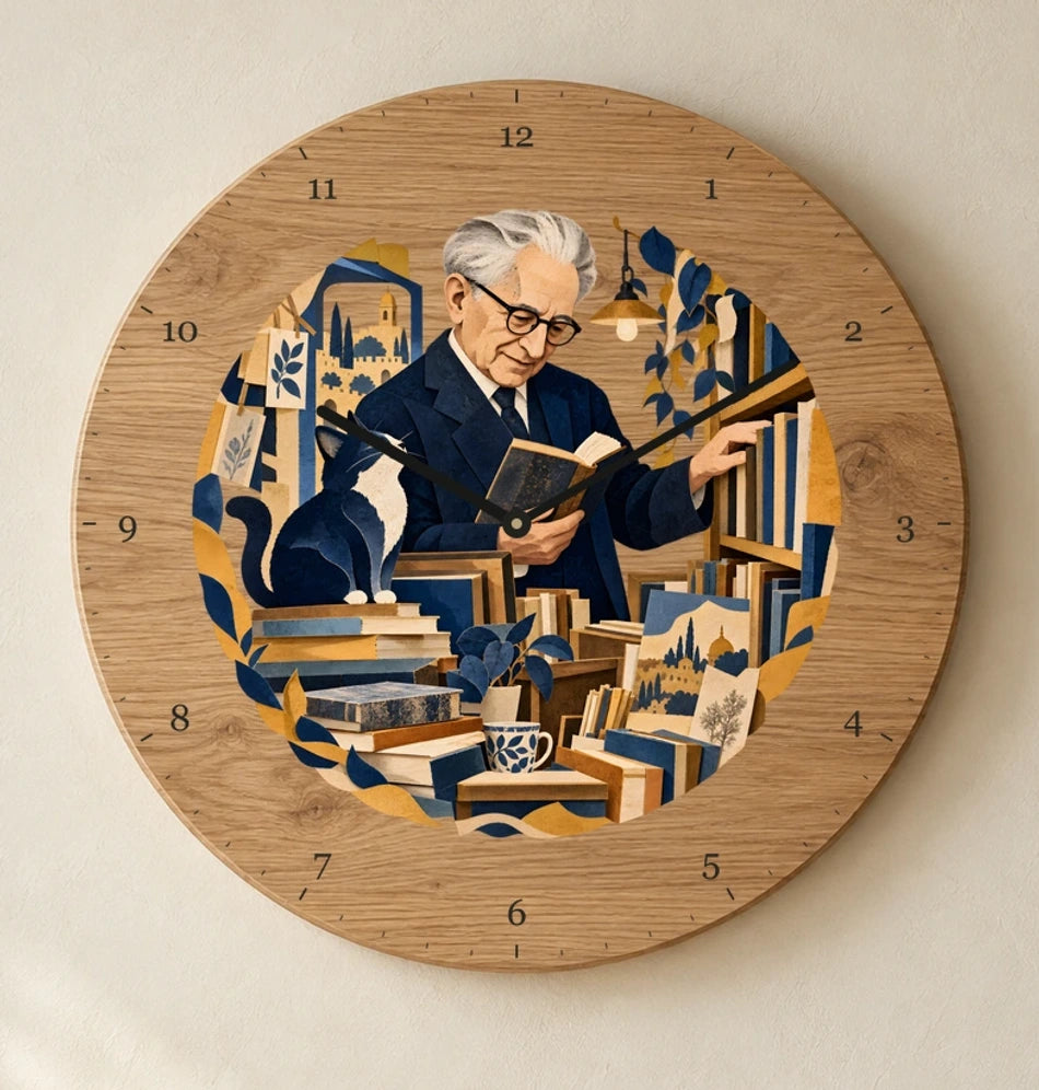 שעון עץ — זלמן שזר בחנות ספרים — detail — oak-clock-room-v1
