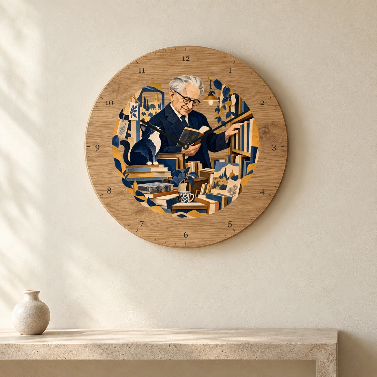 שעון עץ — זלמן שזר בחנות ספרים — room — oak-clock-room-v1