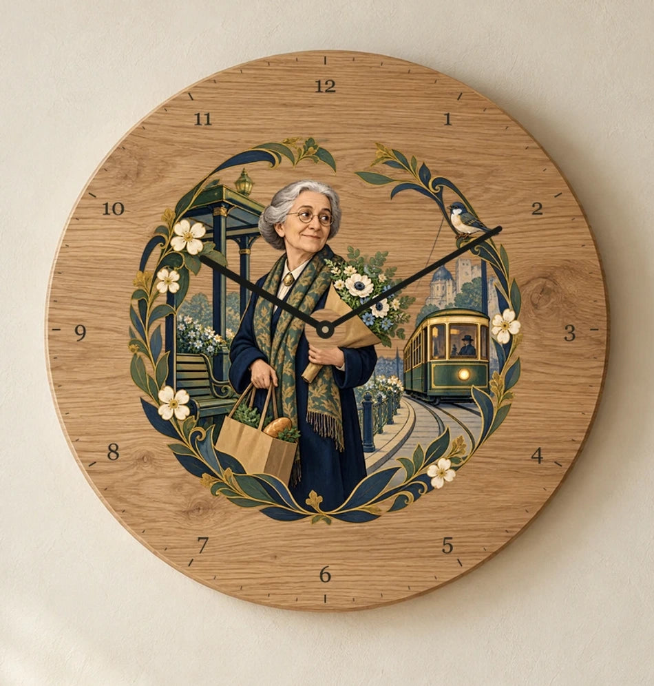 שעון עץ — הנרייטה סאלד בדרך הביתה — detail — oak-clock-room-v1
