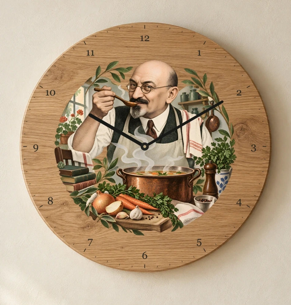 שעון עץ — חיים ויצמן מבשל מרק — detail — oak-clock-room-v1