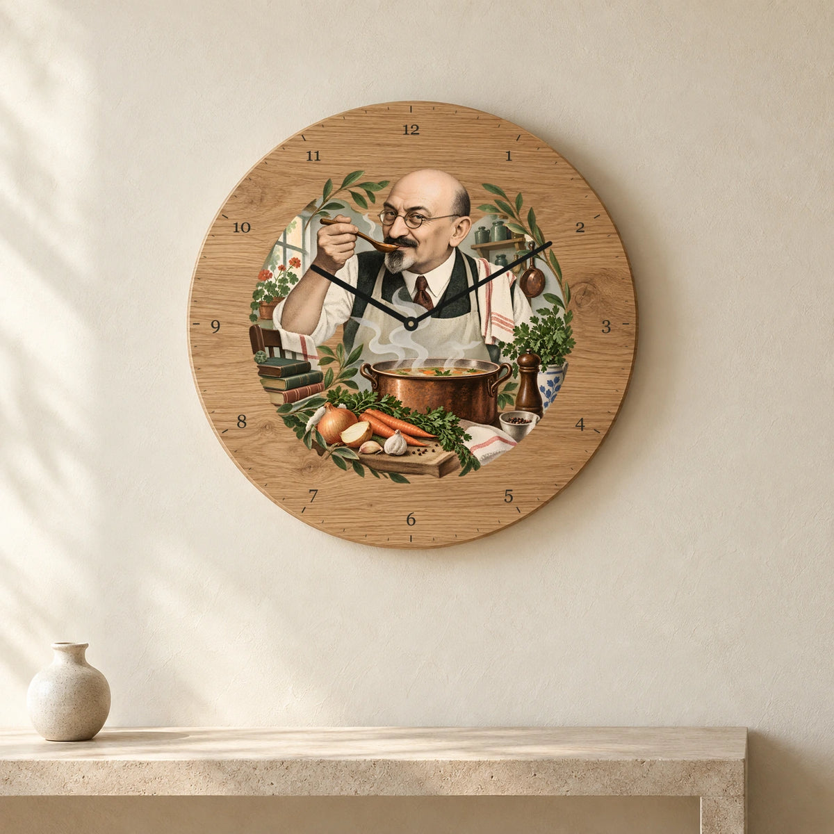 שעון עץ — חיים ויצמן מבשל מרק — room — oak-clock-room-v1