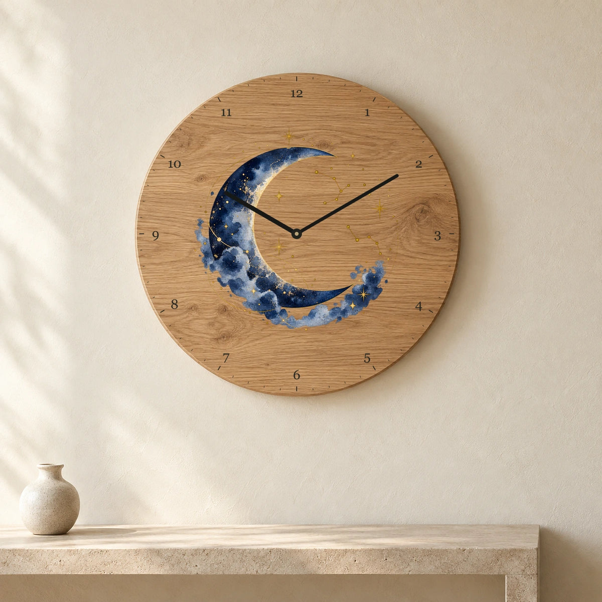 שעון עץ — ירח וכוכבים — room — oak-clock-room-v1