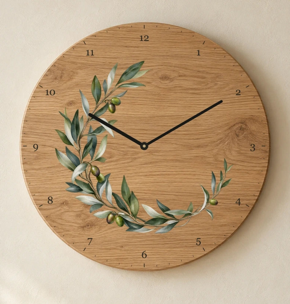 שעון עץ — ענף זית — detail — oak-clock-room-v1