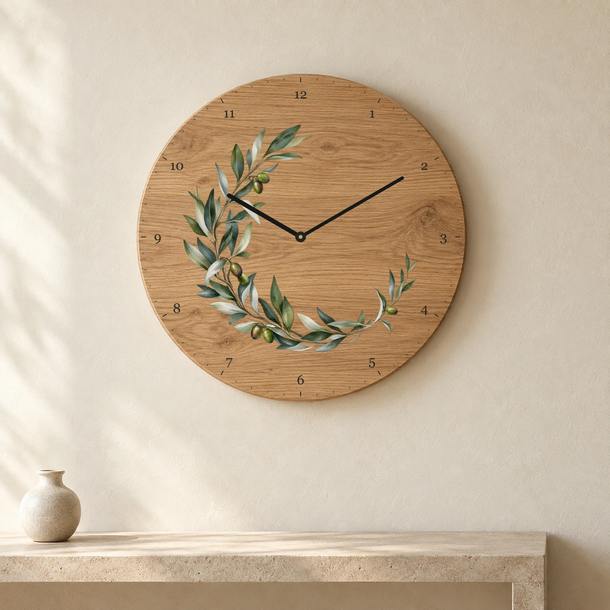 שעון עץ — ענף זית — room — oak-clock-room-v1