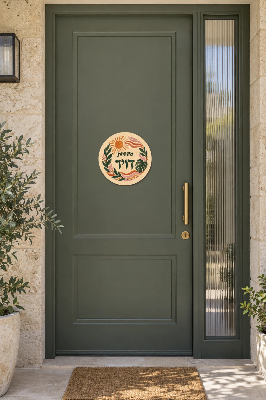 שלט כניסה עגול מעץ — שמש ועלים — השלט על דלת מעוצבת — door-sign-v1