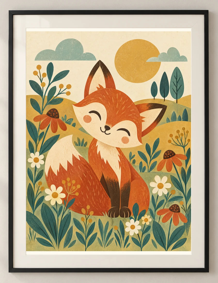 שועל קטן בין פרחים — תמונה לחדר ילדים — detail — minimal-room-v3